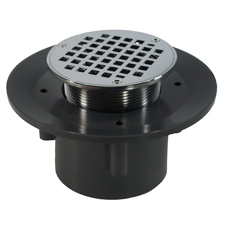 Jones Stephens 3in. x 4in. Heavy Duty PVC Slab Drain Base with 3-1/2in. Metal Spud and 5in. Chrome Plated Strainer D49459